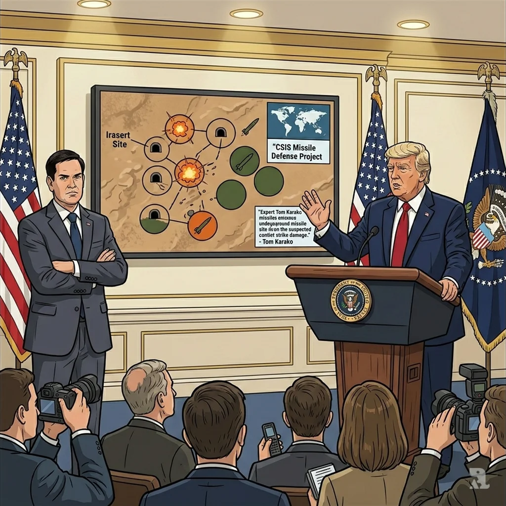 President Trump speaks at the White House podium as Secretary Rubio looks on, with a satellite image behind them showing targeted Iranian missile sites.