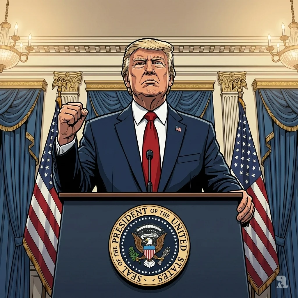 President Donald Trump stands at the White House podium with a raised fist. American flags flank him as he delivers a wartime address with resolute determination.
