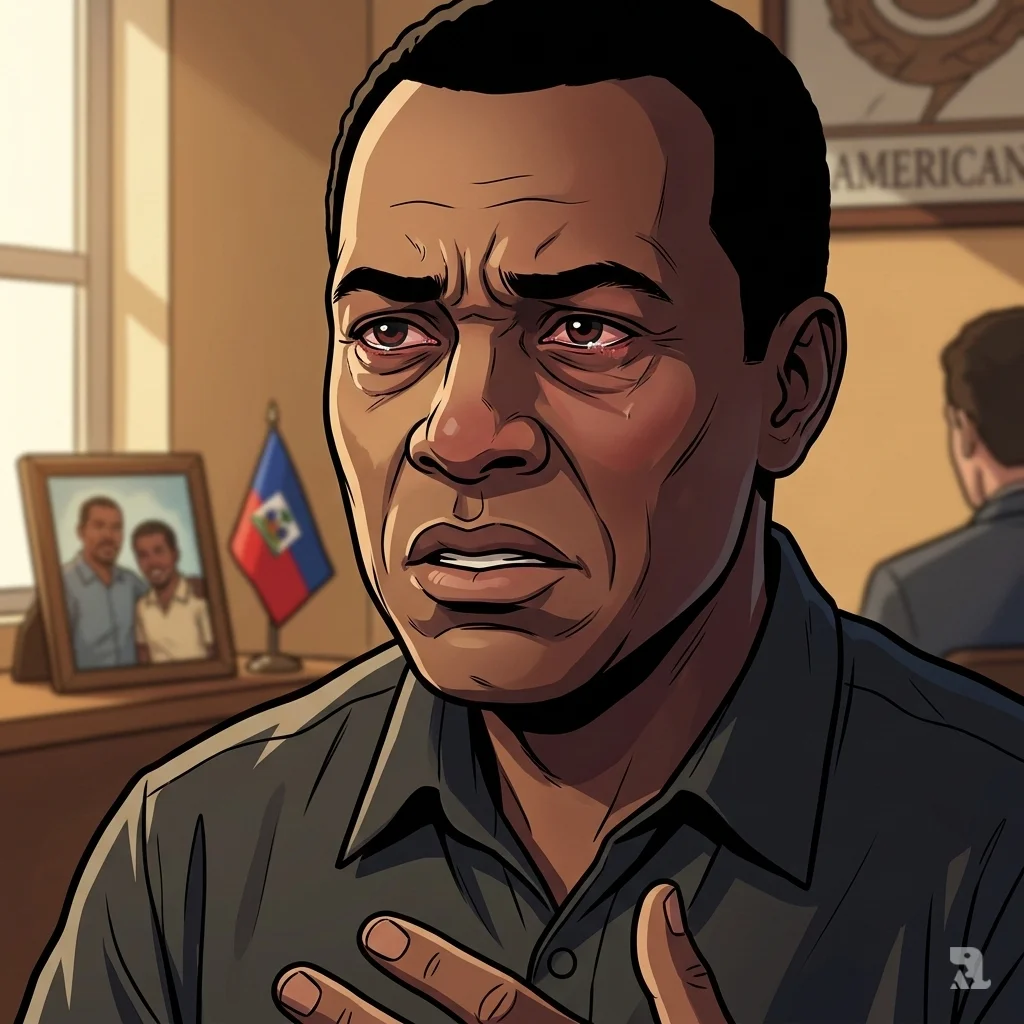 A close-up of Presly Nelson, Emmanuel Damas' brother, his face etched with grief and anger during an interview, with a Haitian flag in the background.