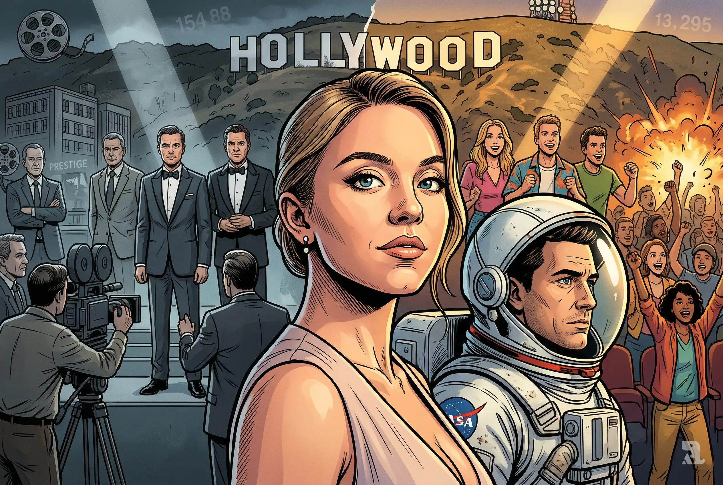 Sydney Sweeney foreground with astronaut and split Hollywood scene showing contrast between serious prestige filmmaking and vibrant blockbuster entertainment, symbolizing industry divide and audience shift.