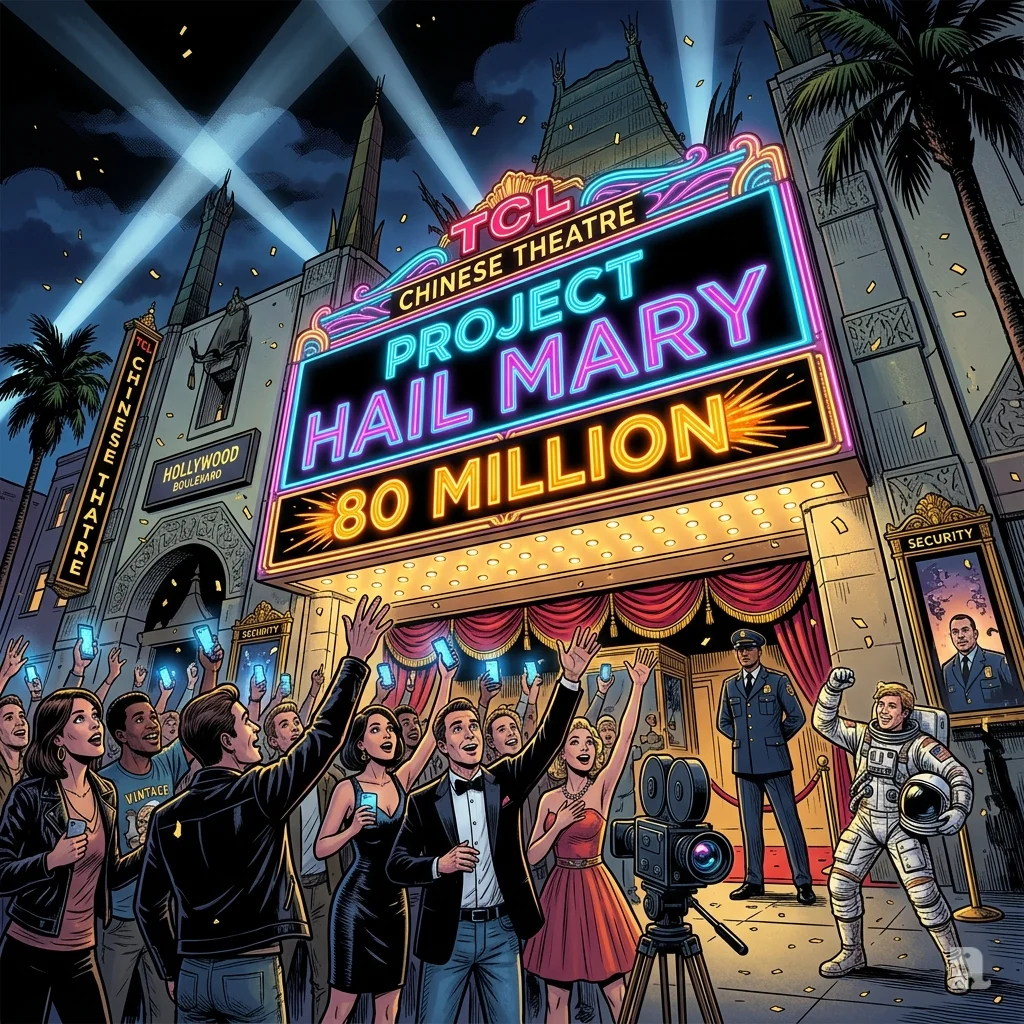 Night crowd reaches toward a blazing “Project Hail Mary” theater marquee on Hollywood Boulevard, celebrating a massive box‑office milestone