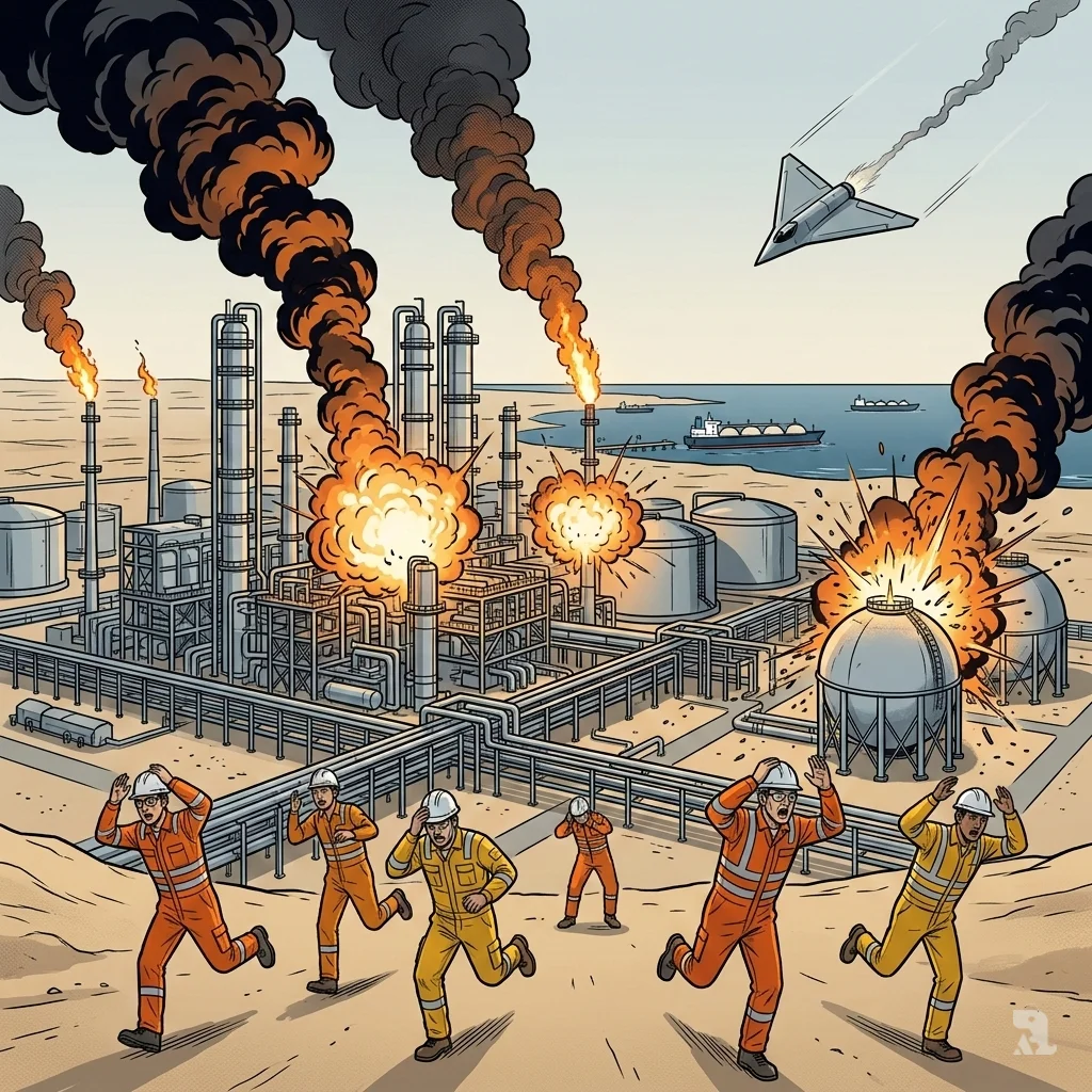 Large explosions and thick smoke erupt from the Qatari Ras Laffan LNG facility after an Iranian drone strike. Workers in safety vests flee the industrial complex as fireballs rise near storage tanks.