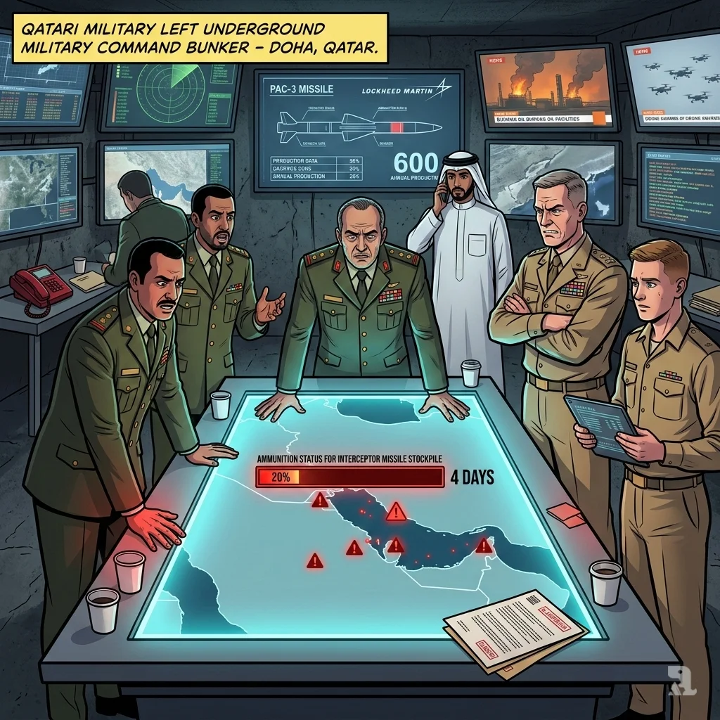 Qatari and US military officials meet in a command center, their faces illuminated by a digital map showing critically low interceptor stockpiles.