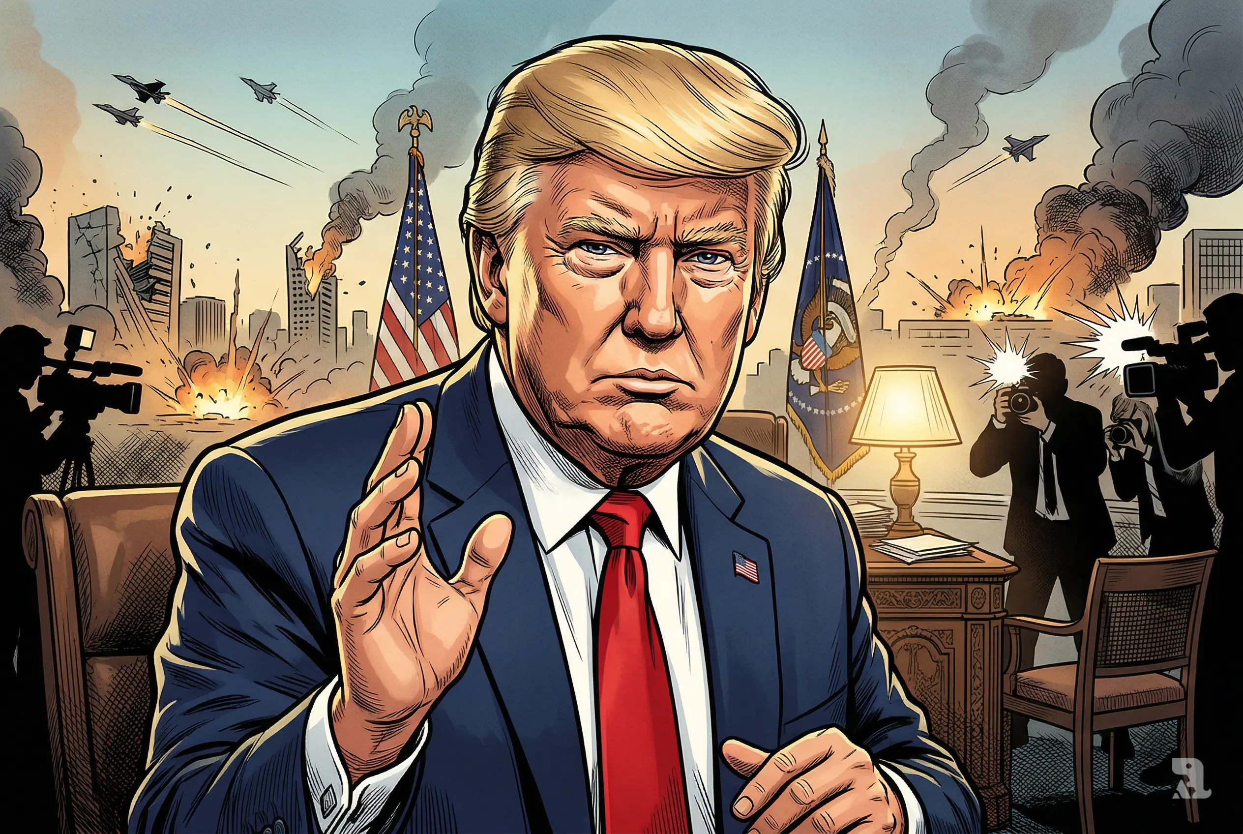 Donald Trump speaking in Oval Office foreground with intense expression, while behind him Iranian skyline burns with explosions, jets, and smoke symbolizing escalating war threat.