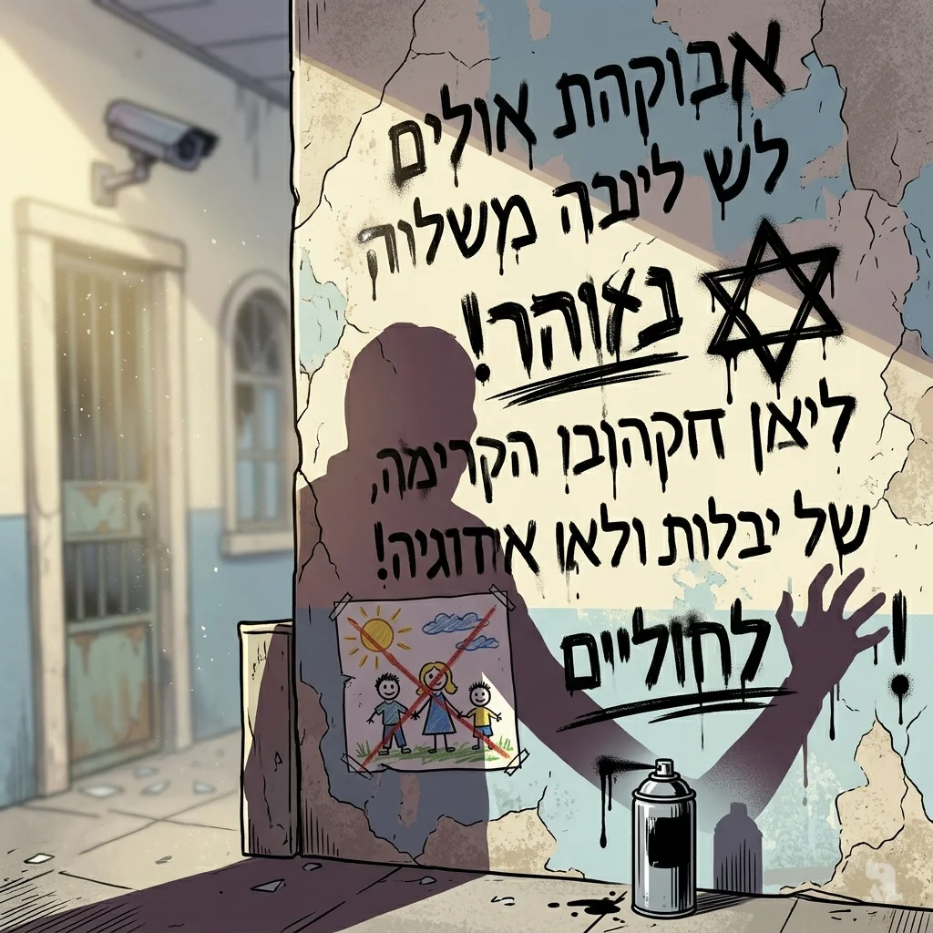 Close-up of racist Hebrew graffiti sprayed on a wall. A child’s crayon drawing is partially visible beneath the fresh black paint.