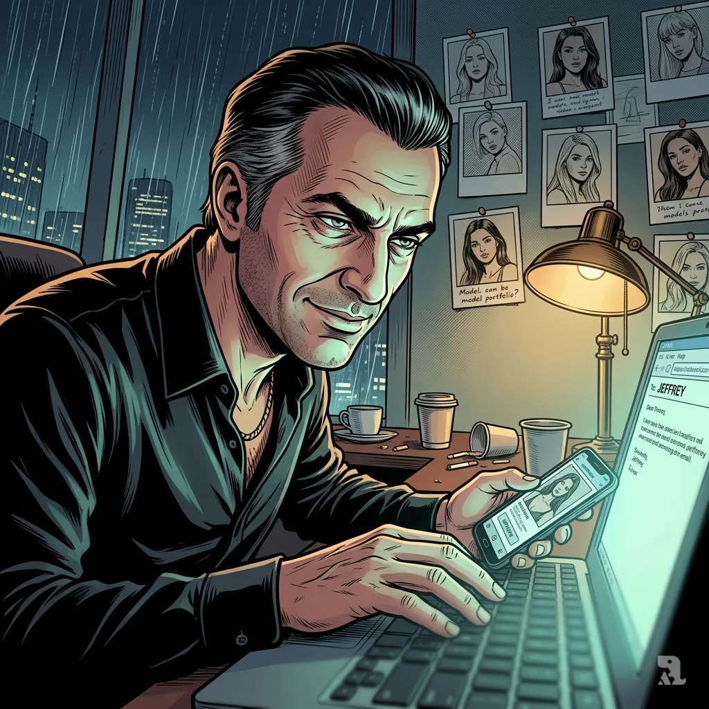 Ramsey Elkholy in a dark Manhattan office, his face illuminated by a laptop screen glow, surrounded by pinned model polaroids.