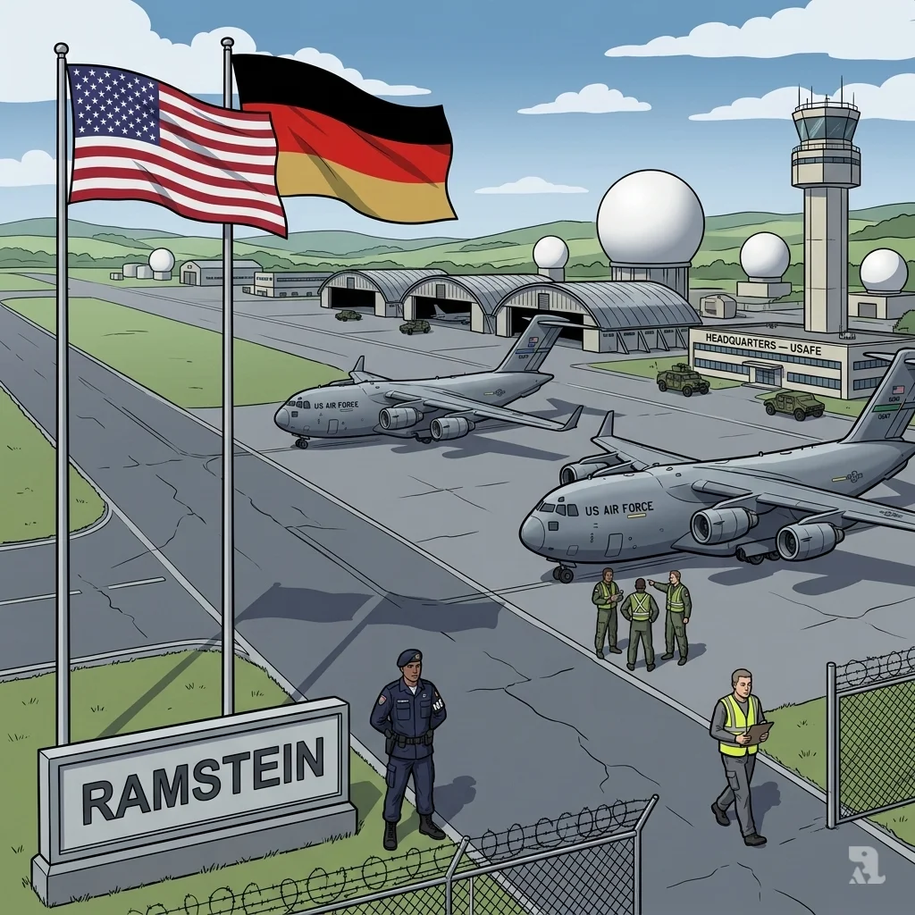 Vast Ramstein Air Base in Germany with US and German flags, runways, C-17 aircraft, satellite domes, and military personnel coordinating operations.
