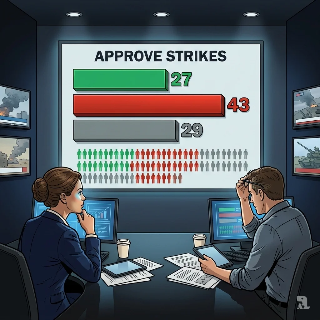 A large digital display in a newsroom shows a bar chart revealing only 27% of Americans approve of the Iran strikes, with 43% disapproving and 29% unsure.