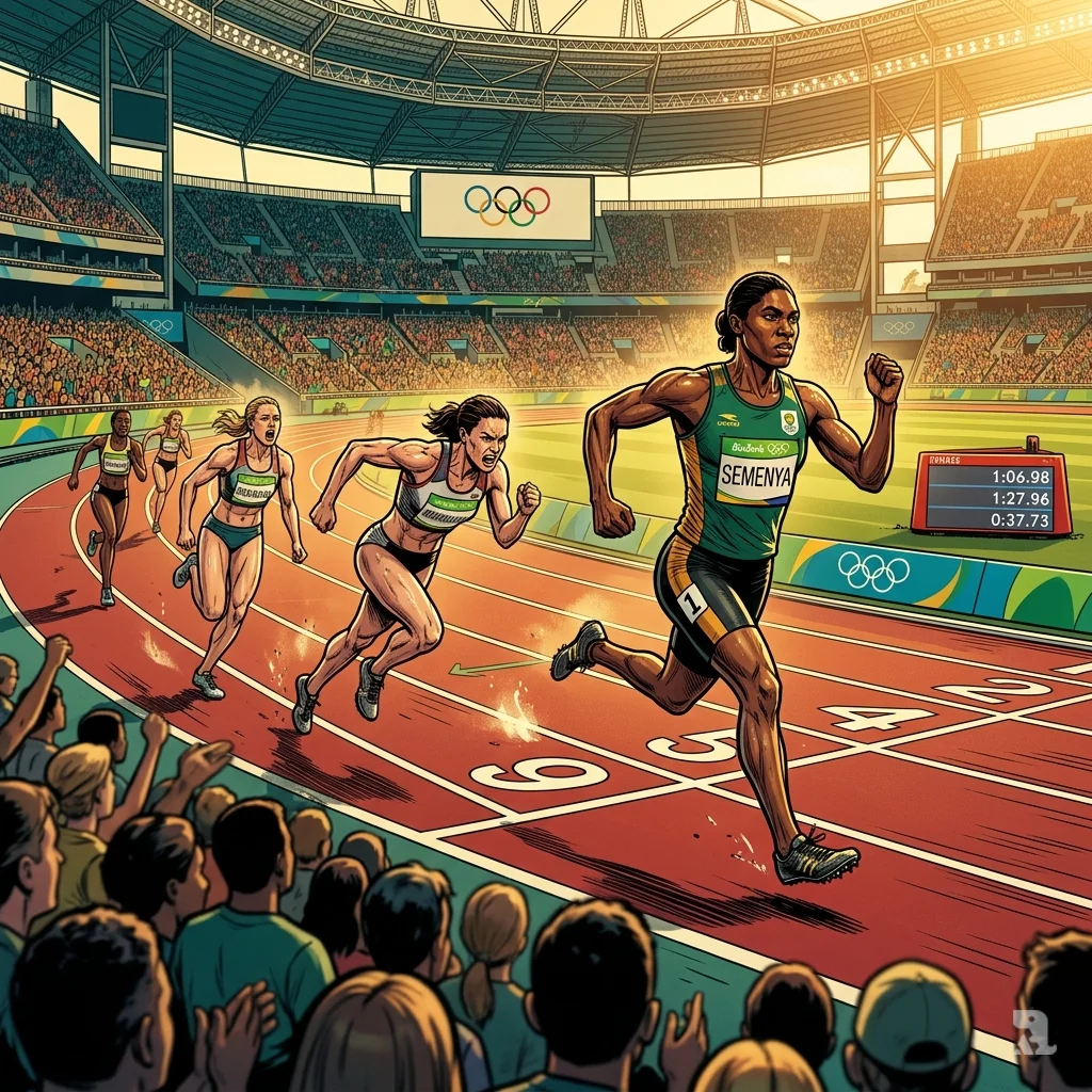 Wide shot of Rio 2016 Olympics: three female athletes leading an 800m race on a red track in a packed stadium under golden afternoon light.
