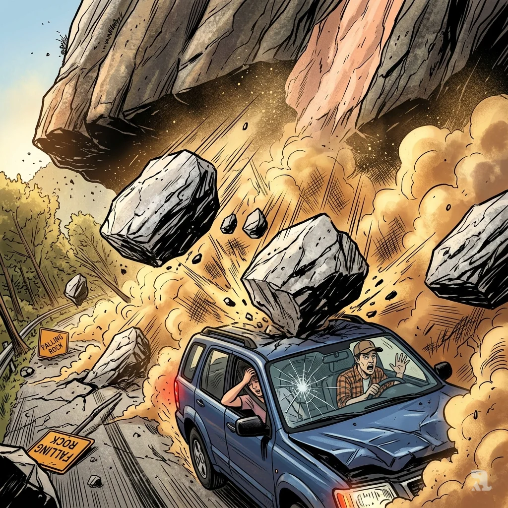 A dynamic low-angle shot of massive boulders frozen mid-fall toward a crushed SUV. The driver's face is visible in a moment of terror through the shattered window.