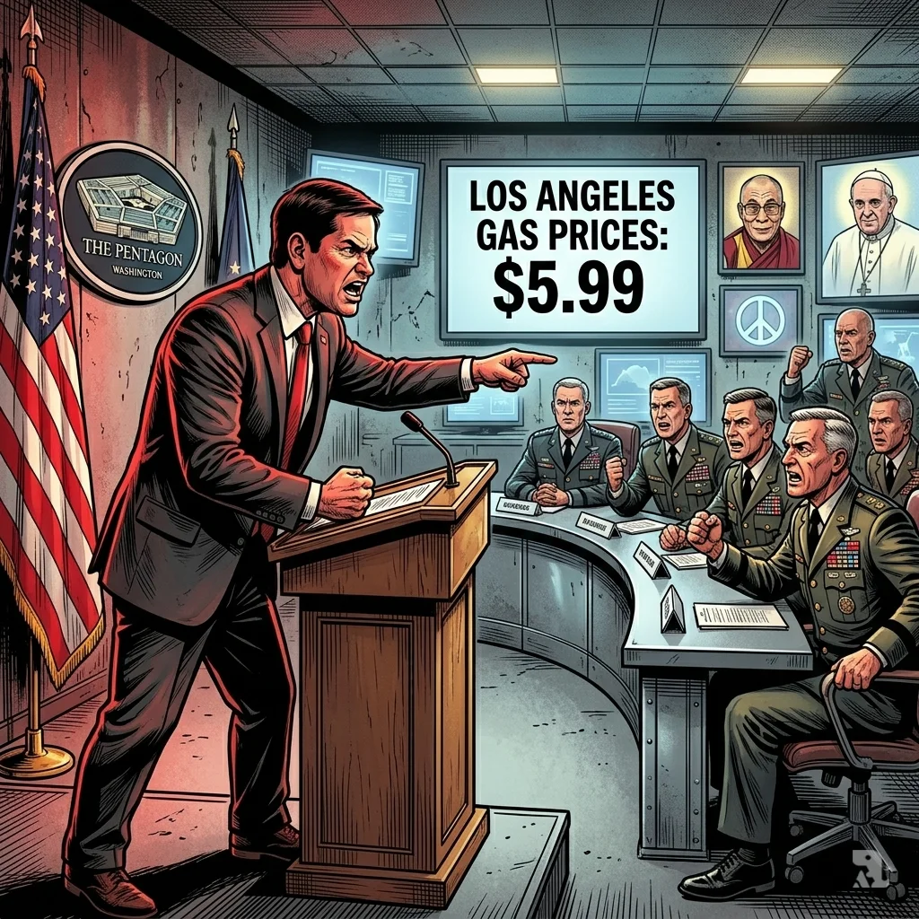 Marco Rubio slams the podium at the Pentagon, addressing military officers as screens show rising gas prices and diplomatic isolation.