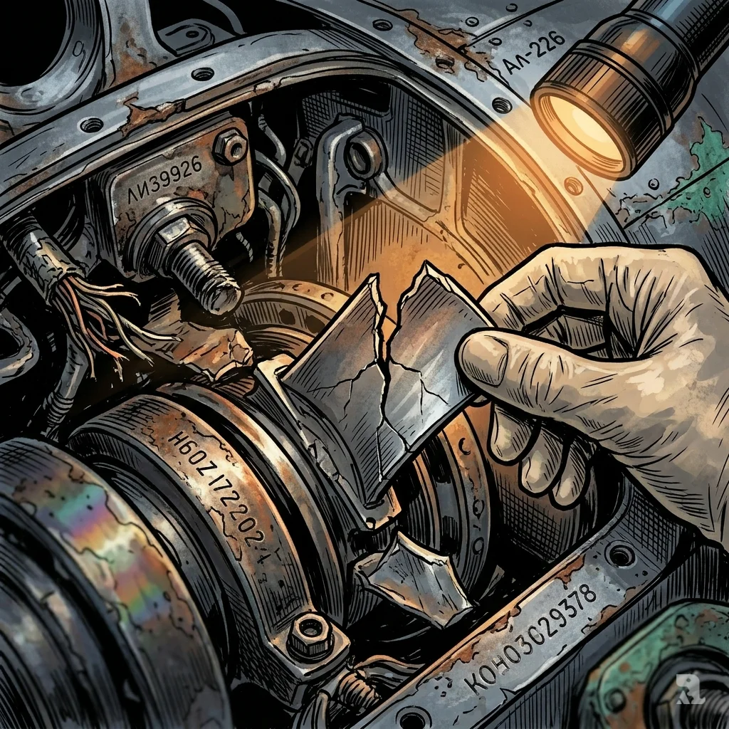 Extreme close-up of a fractured turbine blade and corroded wiring inside the An-26 engine, held by a gloved investigator.