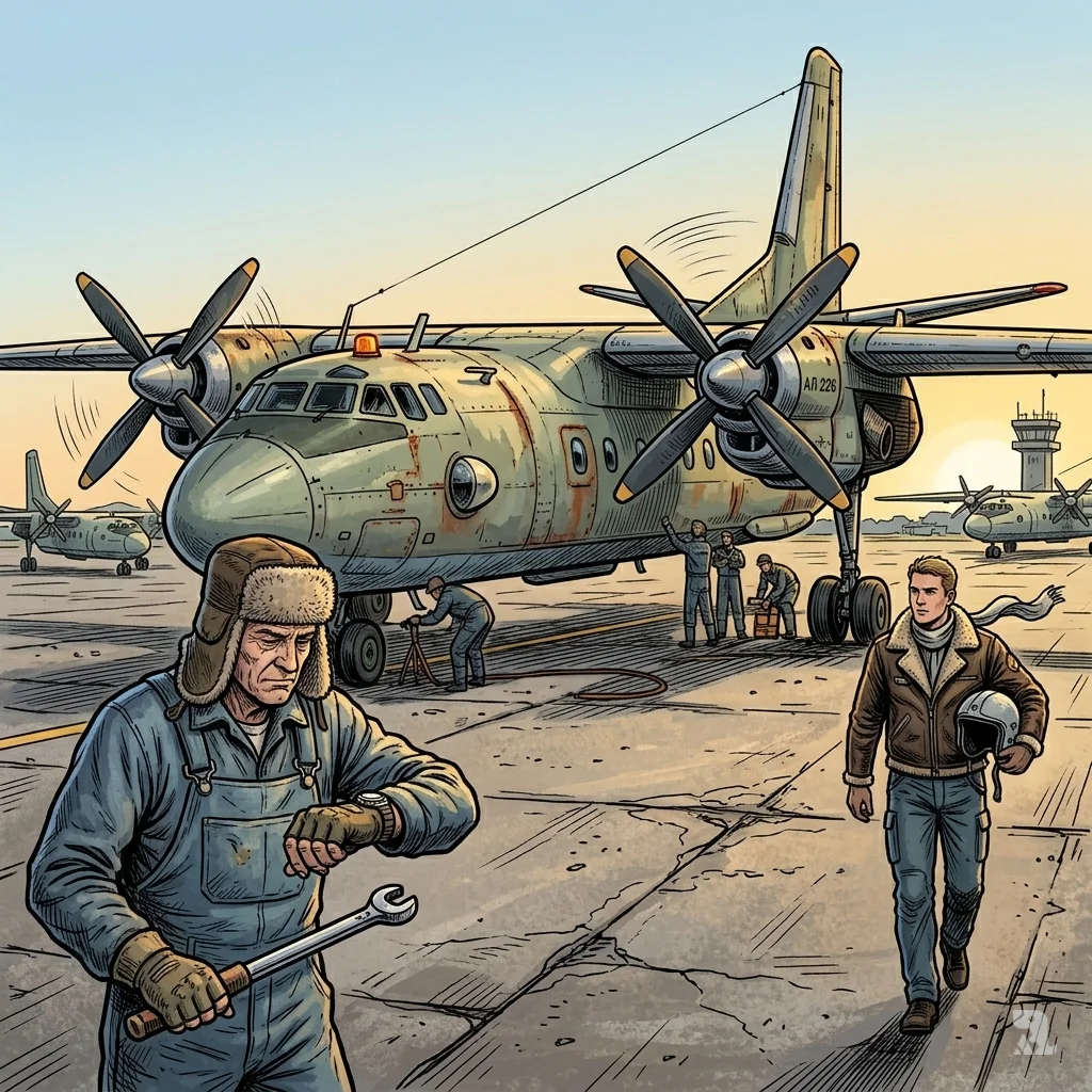 An intact Soviet-era An-26 military transport plane on a runway with ground crew, highlighting its aging design.