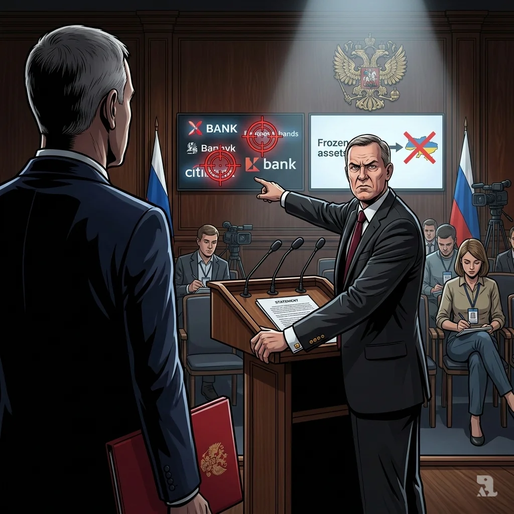A Russian Central Bank spokesperson at a Moscow press podium warns the EU, gesturing toward a screen displaying crosshairs over European bank logos.
