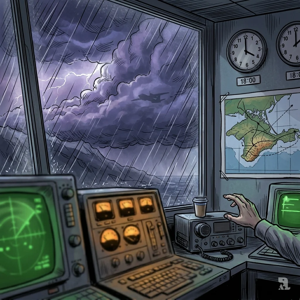 Rain-streaked control tower window showing a Soviet-era radar screen and a storm consuming an An-26 aircraft over Crimea.