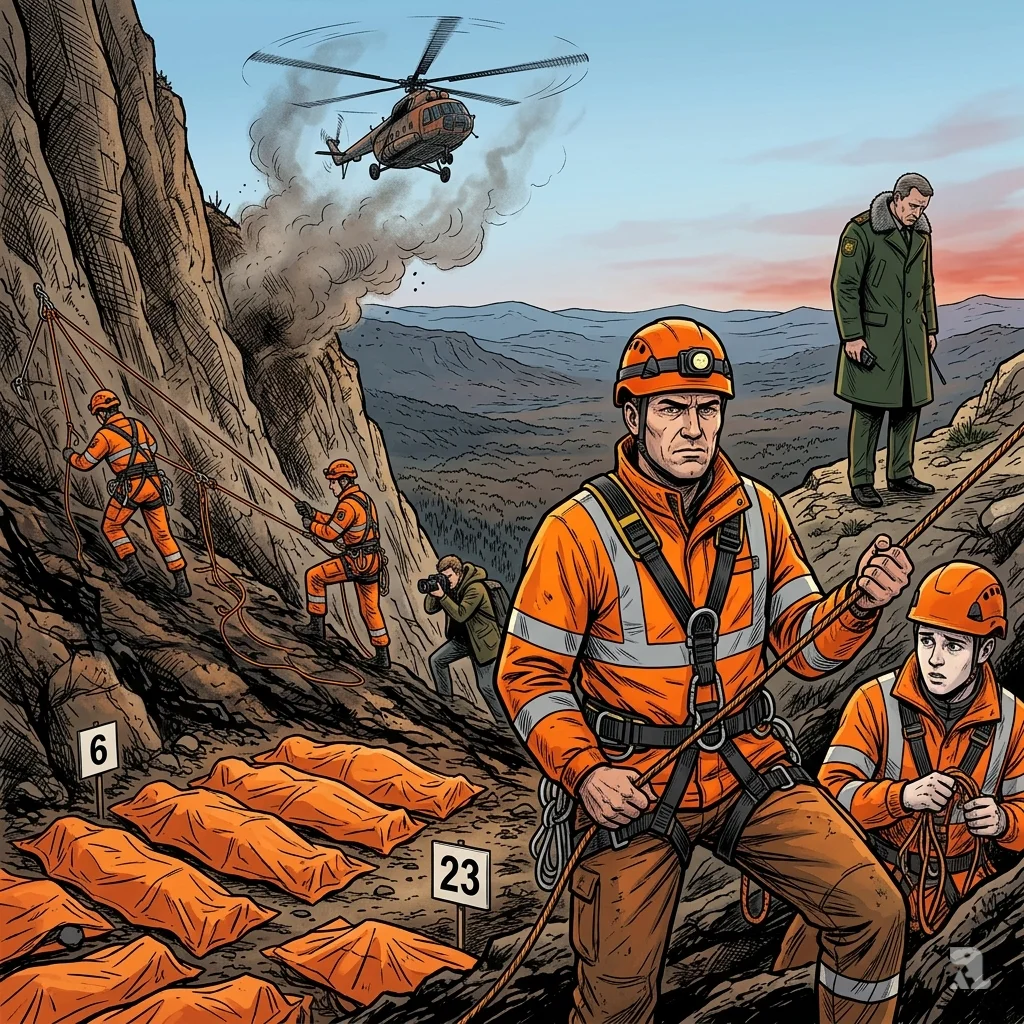 Russian search teams in orange gear recover remains on a steep Crimean mountain slope near a helicopter and wreckage.