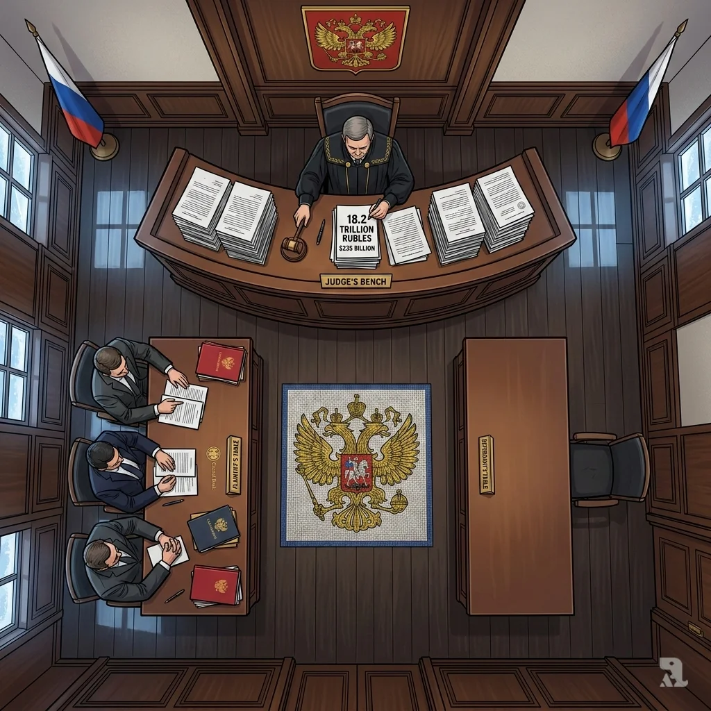 Aerial view of a Moscow courtroom. A Russian legal team files documents at the plaintiff's table, while the Euroclear defendant's table sits conspicuously empty.