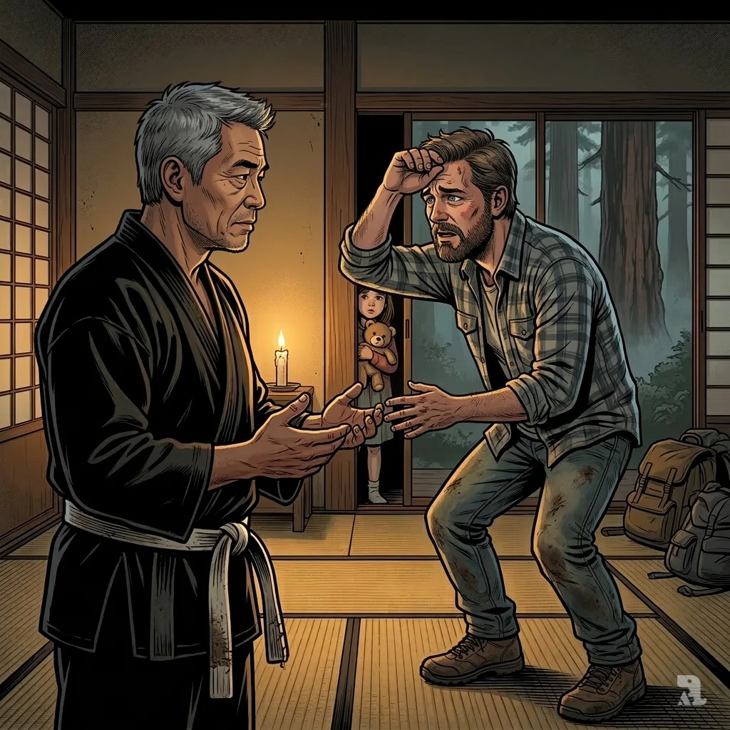 Inside a dimly lit safe house, a serene karate sensei speaks to a disheveled and desperate Bob, whose young daughter watches from a doorway, as candlelight provides a warm, sanctuary-like glow.