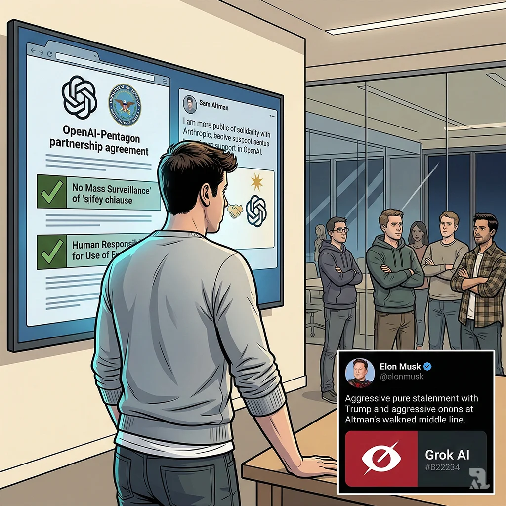 OpenAI CEO Sam Altman views a screen showing his new Pentagon deal and support for Anthropic's principles, while an inset shows Elon Musk's combative social media post.