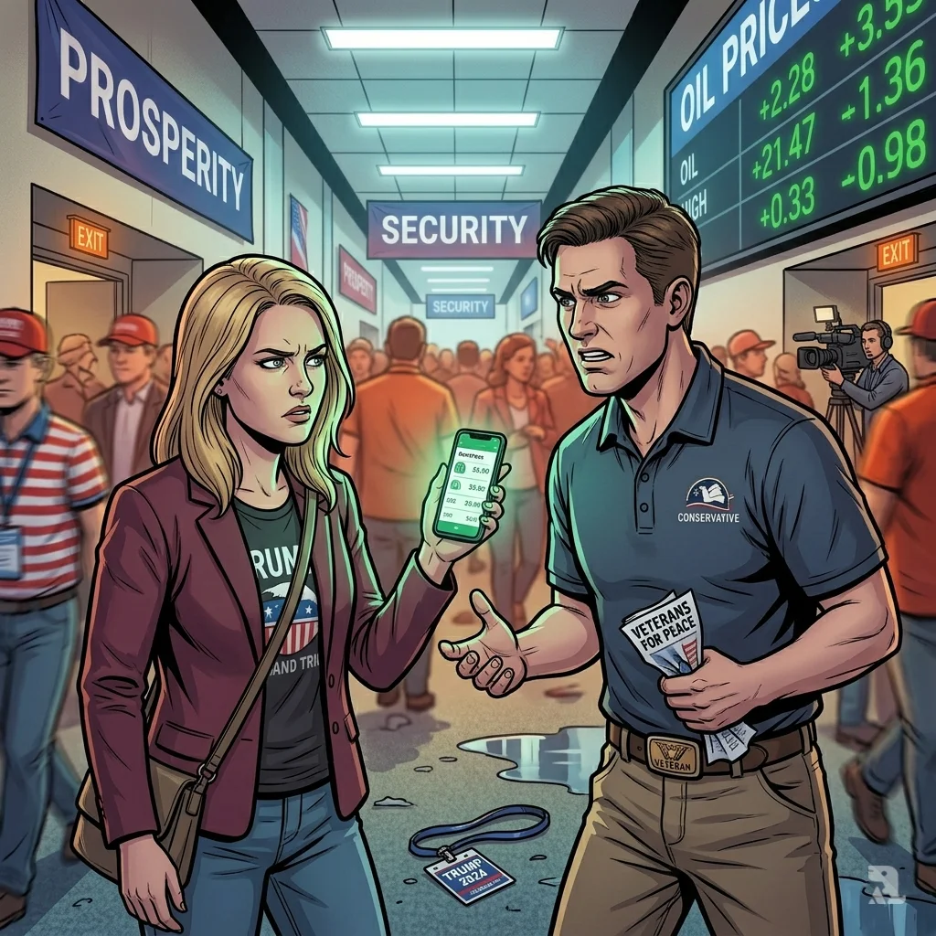 Samantha and Joe stand isolated in a CPAC hallway. A smartphone displays gas prices as the crowd blurs around them, their expressions showing frustration.