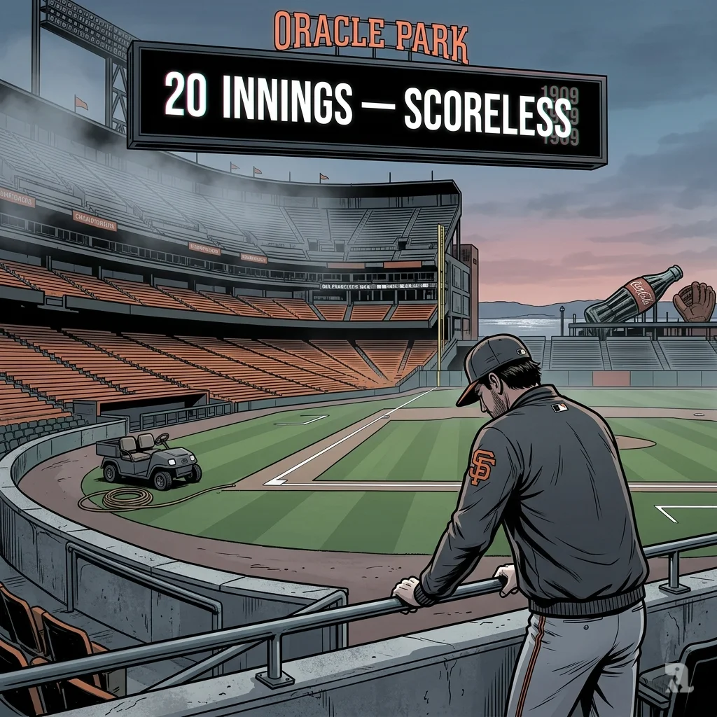 Empty San Francisco stadium at dawn. Scoreboard shows “20 INNINGS — SCORELESS.” A lone Giants coach grips dugout railing in defeat.