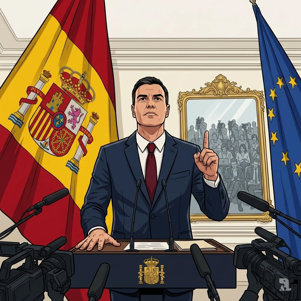 Prime Minister Sanchez stands defiantly behind a lectern with Spanish and EU flags, declaring Spain will not change its stance to avoid reprisals from the U.S.