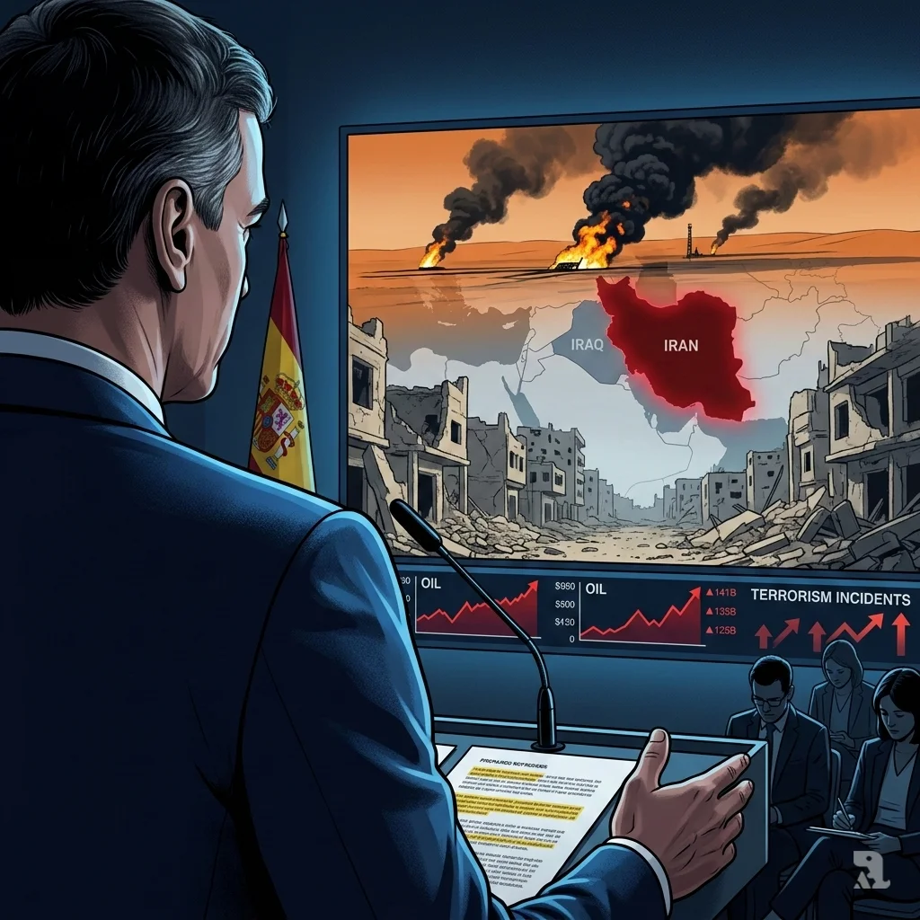 Over-the-shoulder view of Sanchez addressing the media, with a screen behind him showing images of the Iraq War's devastation to warn against the consequences of an Iran attack.