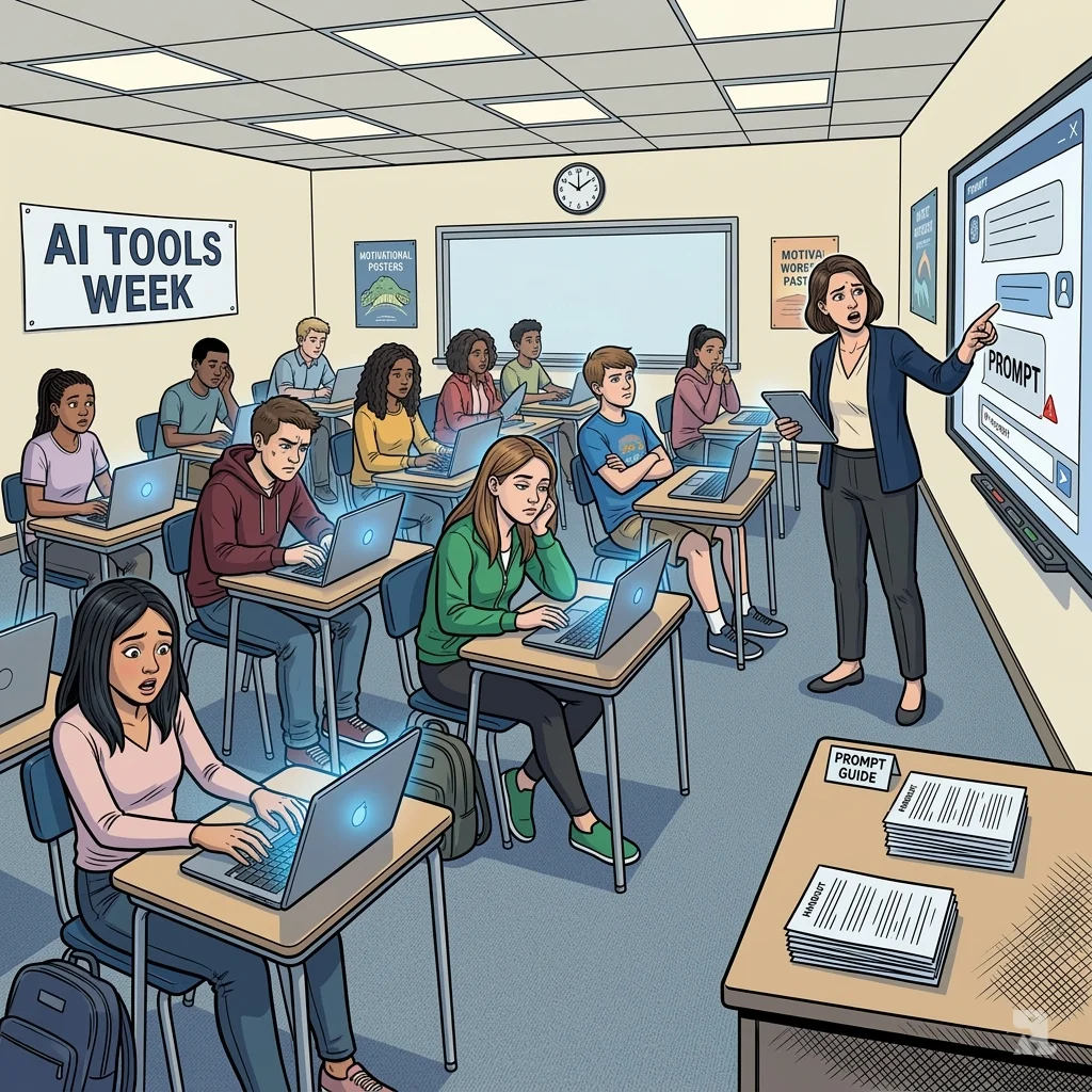 A modern classroom filled with students at laptops and a teacher pointing at an AI chatbot whiteboard, showing the overwhelming push for AI tool literacy.