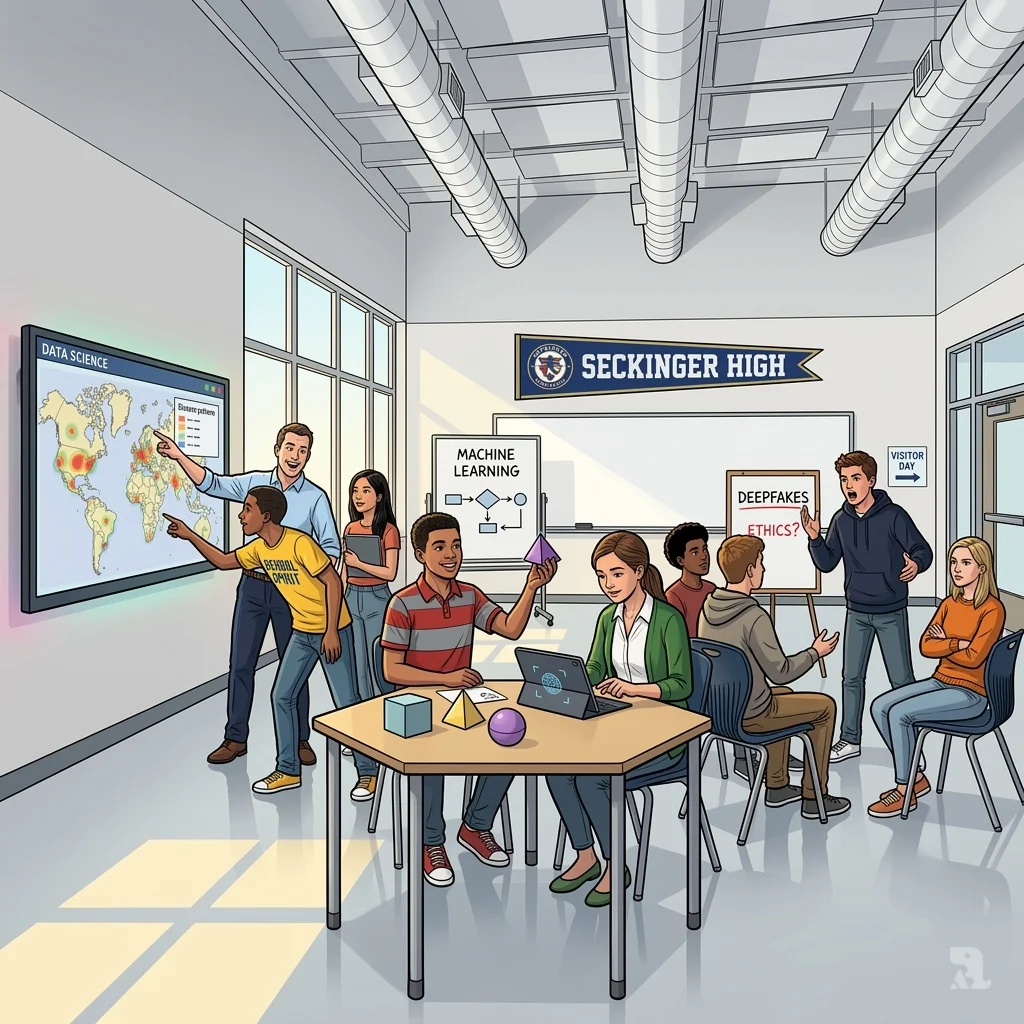 Students at Seckinger High School collaborate in groups, analyzing data maps and using machine learning, showing an integrated AI-focused curriculum.