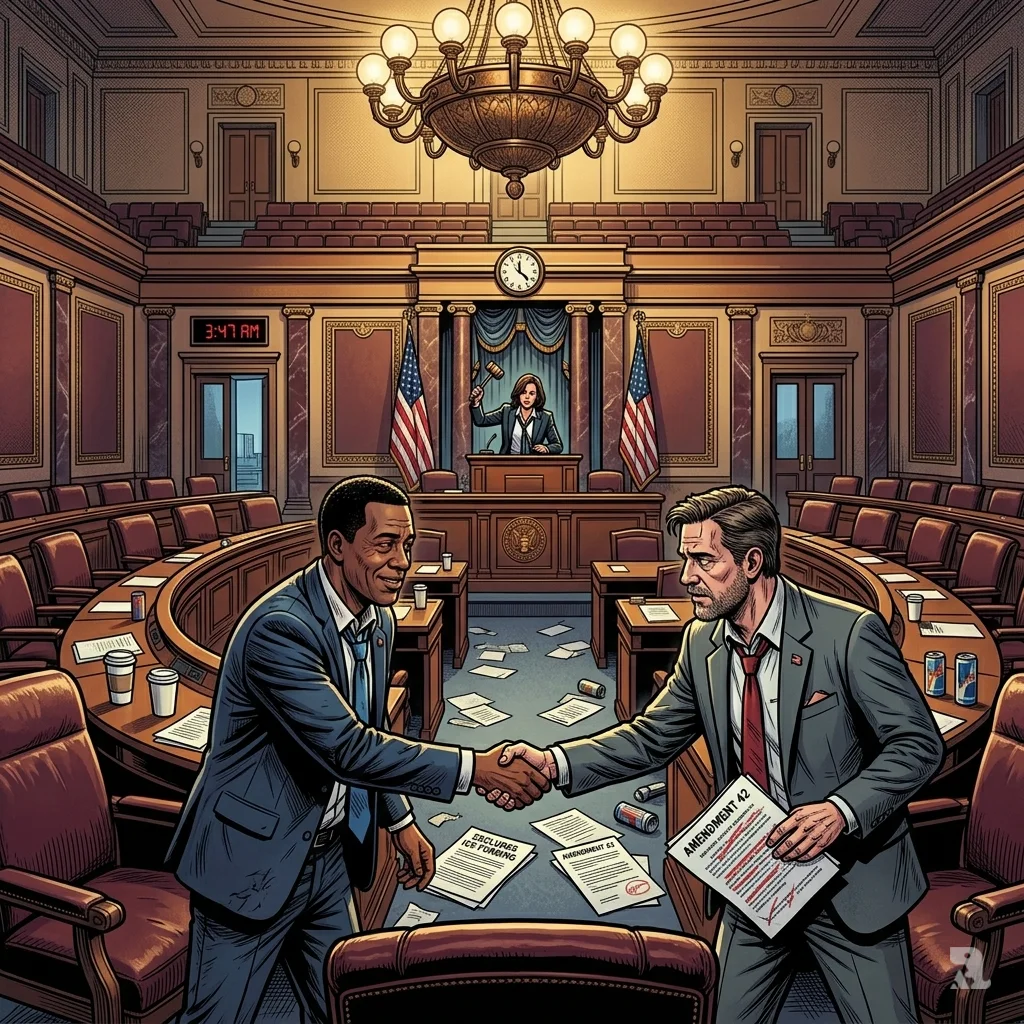 Exhausted senators in maroon chairs at Capitol; bipartisan handshake, Vice President raises gavel, bill excludes ICE funding.