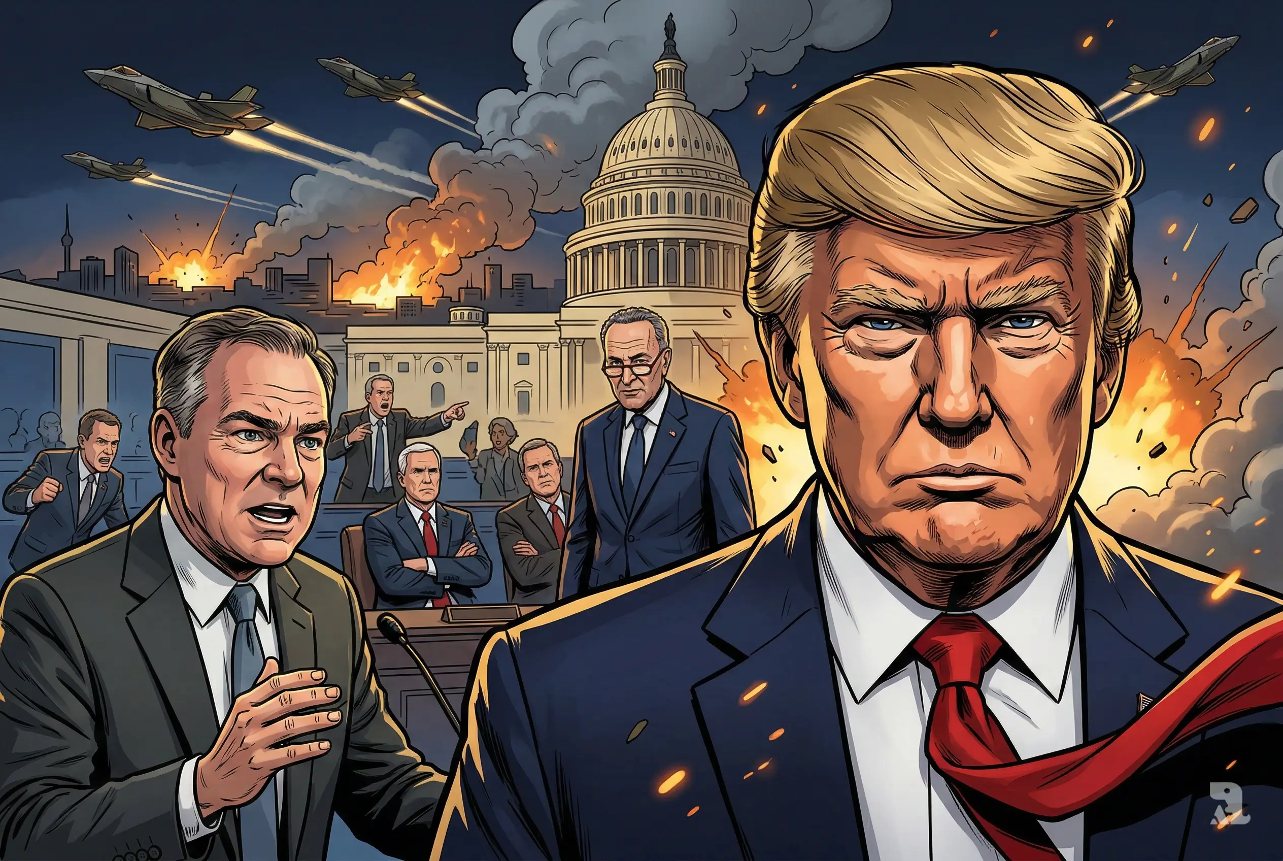 Close-up of Donald Trump and Senator Tim Kaine during a tense Senate battle over Iran strikes, with fighter jets bombing Tehran in the background and the U.S. Capitol chamber filled with arguing lawmakers.
