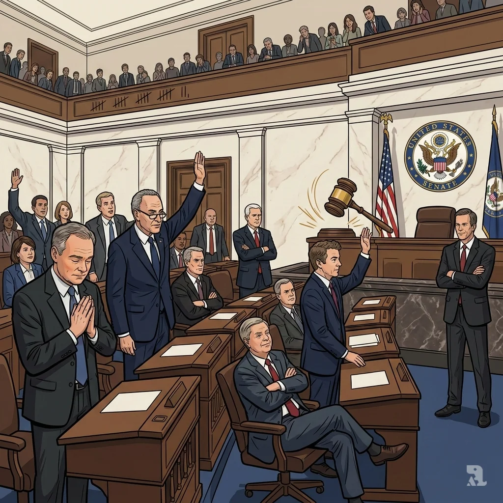 A sweeping view of the Senate during the vote. Tim Kaine prays with clasped hands, Rand Paul raises his hand, and the presiding officer's gavel is frozen mid-strike.