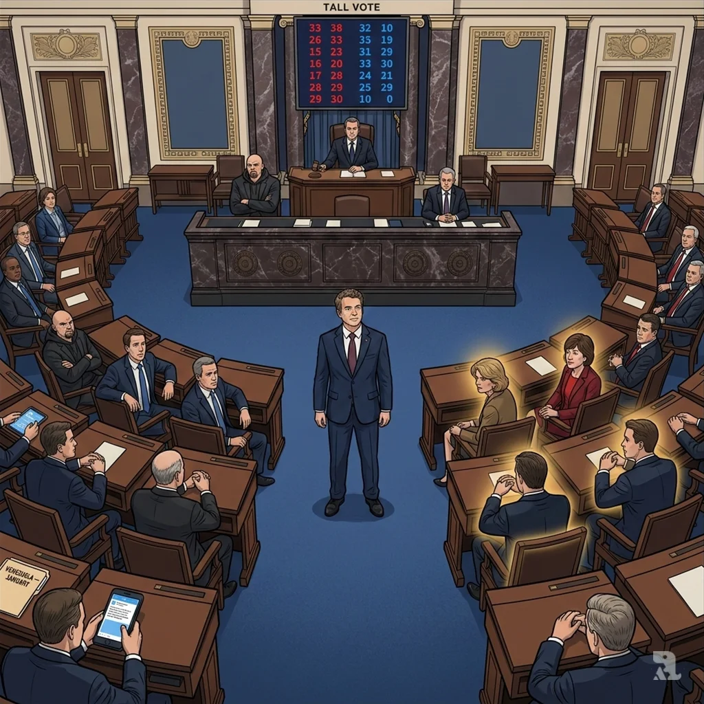 A high-angle wide shot of the Senate chamber. Rand Paul stands alone in the center aisle while four Republican seats are highlighted with a golden glow.