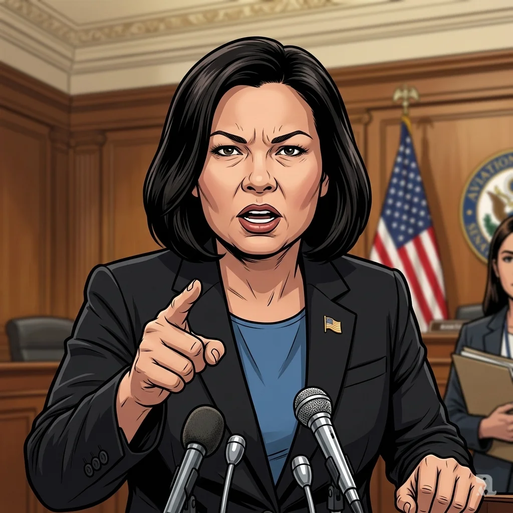 Close-up of Senator Tammy Duckworth demanding investigation at Senate hearing, finger pointing emphatically against blurred American flag backdrop in Washington D.C. Capitol.