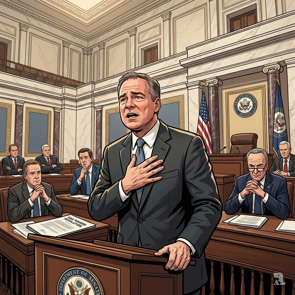 Senator Tim Kaine stands at the Senate podium with his hand on his chest, delivering an emotional plea. Chuck Schumer watches sternly from his desk in the background.