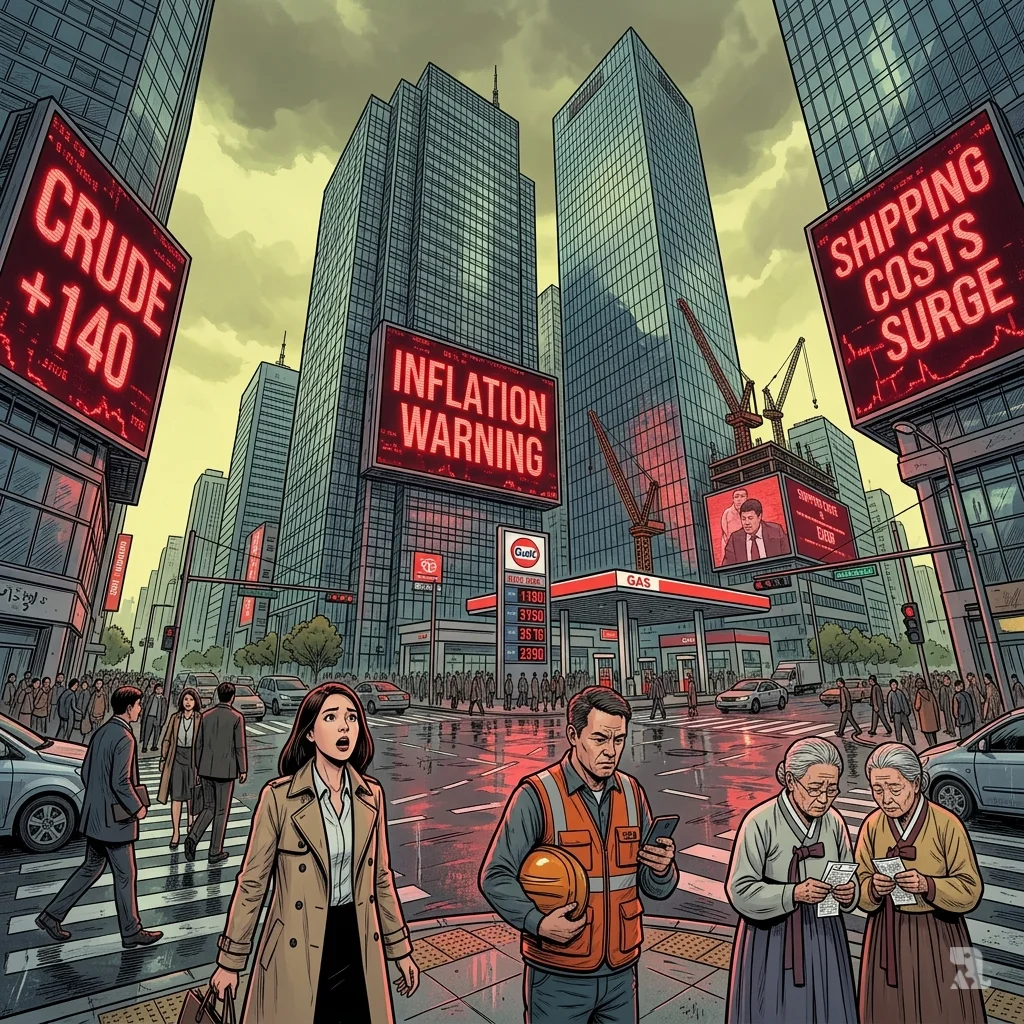 Seoul’s Gangnam district with digital billboards showing surging oil prices and inflation warnings as worried citizens walk the rain-slicked streets.