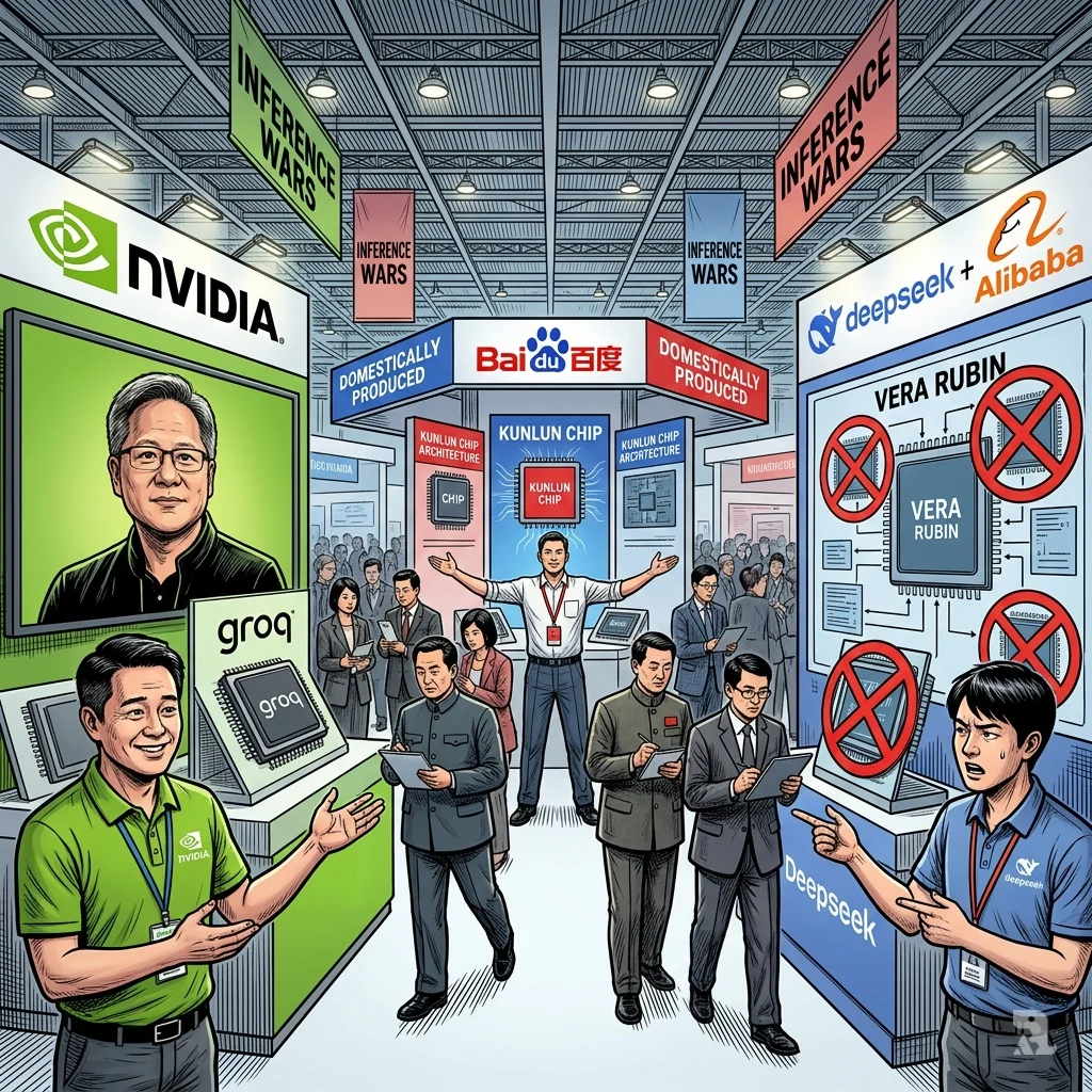 Three competing booths at Shanghai AI Expo create triangular tension between NVIDIA, Baidu and DeepSeek with prohibition signs on Vera Rubin chip displays.