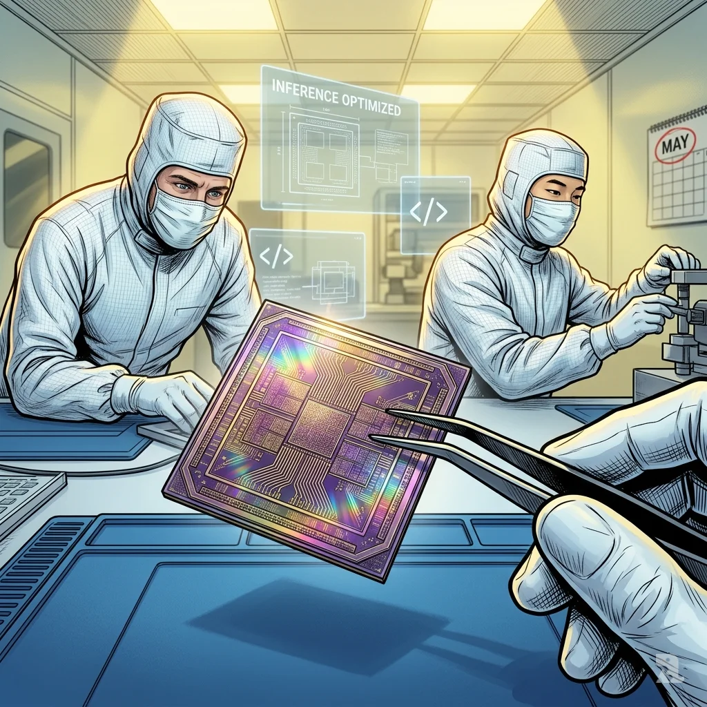 A Groq AI chip held in tweezers inside clean room with Chinese and American engineers in background as calendar shows May circled for launch preparation.