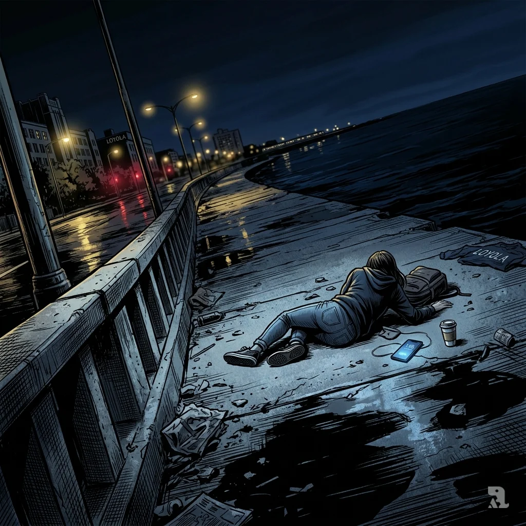 A young woman lies on the ground near a pier in Chicago’s Rogers Park neighborhood at night, personal items scattered nearby.