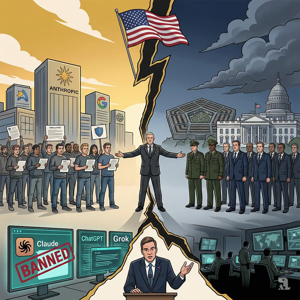 A wide view shows a divided America with Silicon Valley supporting Anthropic against Washington. Retired General Shanahan stands in the crack, warning that "everyone loses."