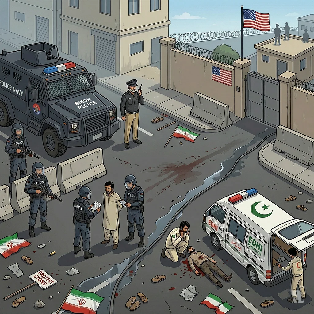 Sindh Police secure the area outside the US Consulate with a heavy checkpoint as faint blood stains remain on the street after the violent protest.