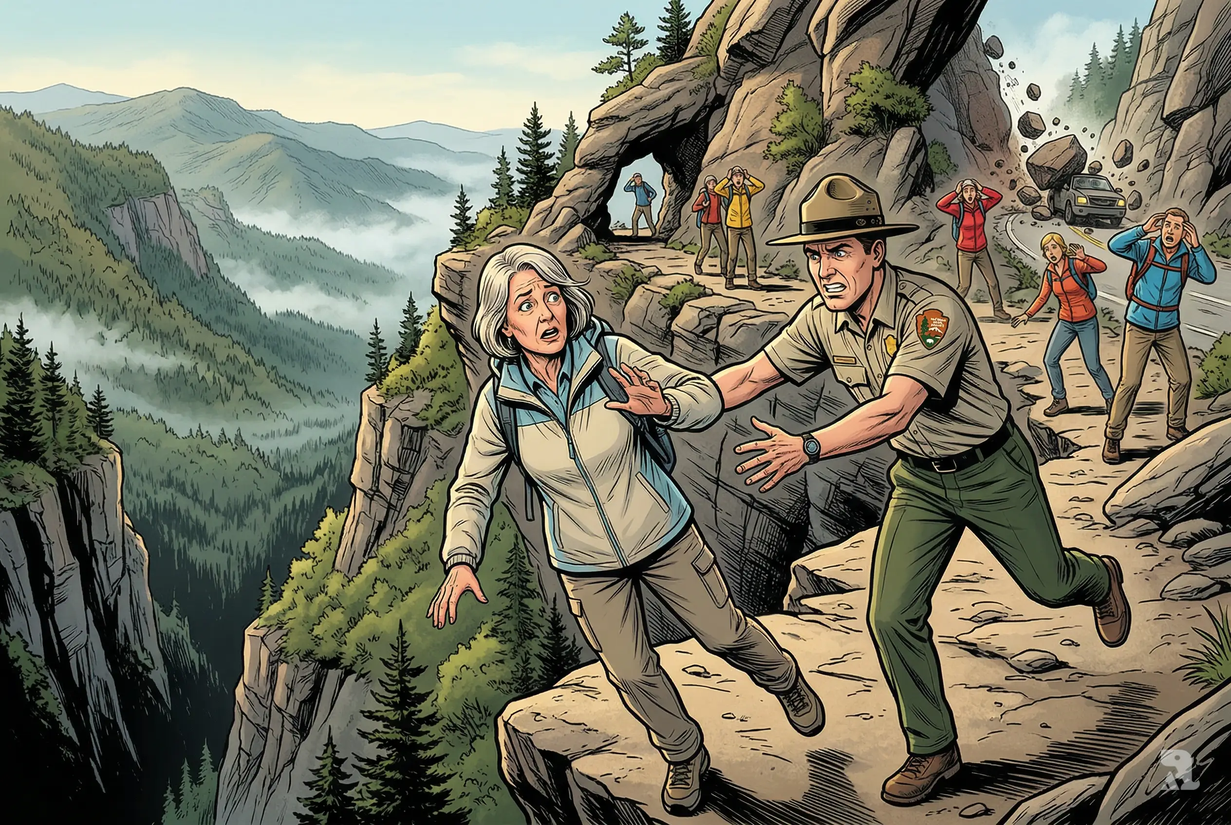 Woman slipping from Smoky Mountains cliff as park ranger reaches to save her, with shocked hikers and distant rockslide highlighting deadly trail dangers.