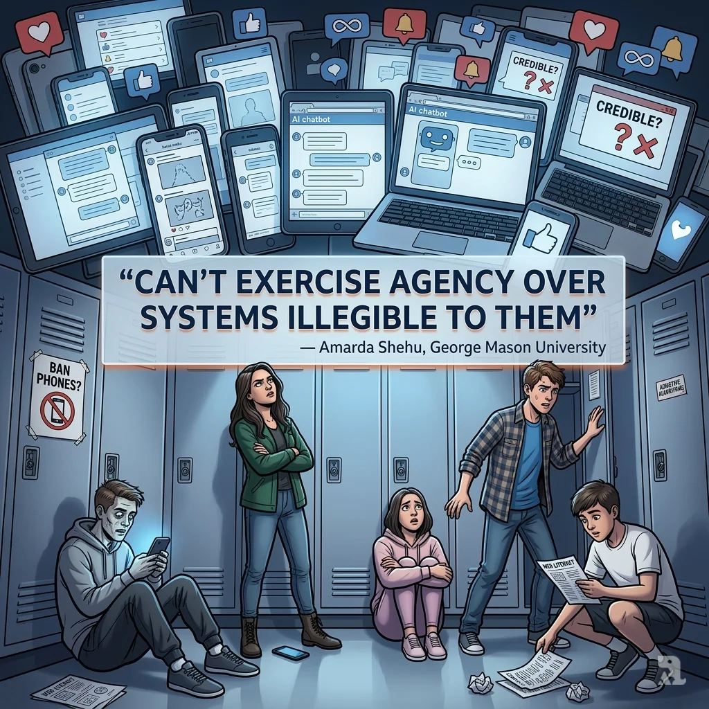 Students sit dwarfed by a towering wall of social media and AI screens, illustrating the risk of repeating past mistakes with unregulated technology.