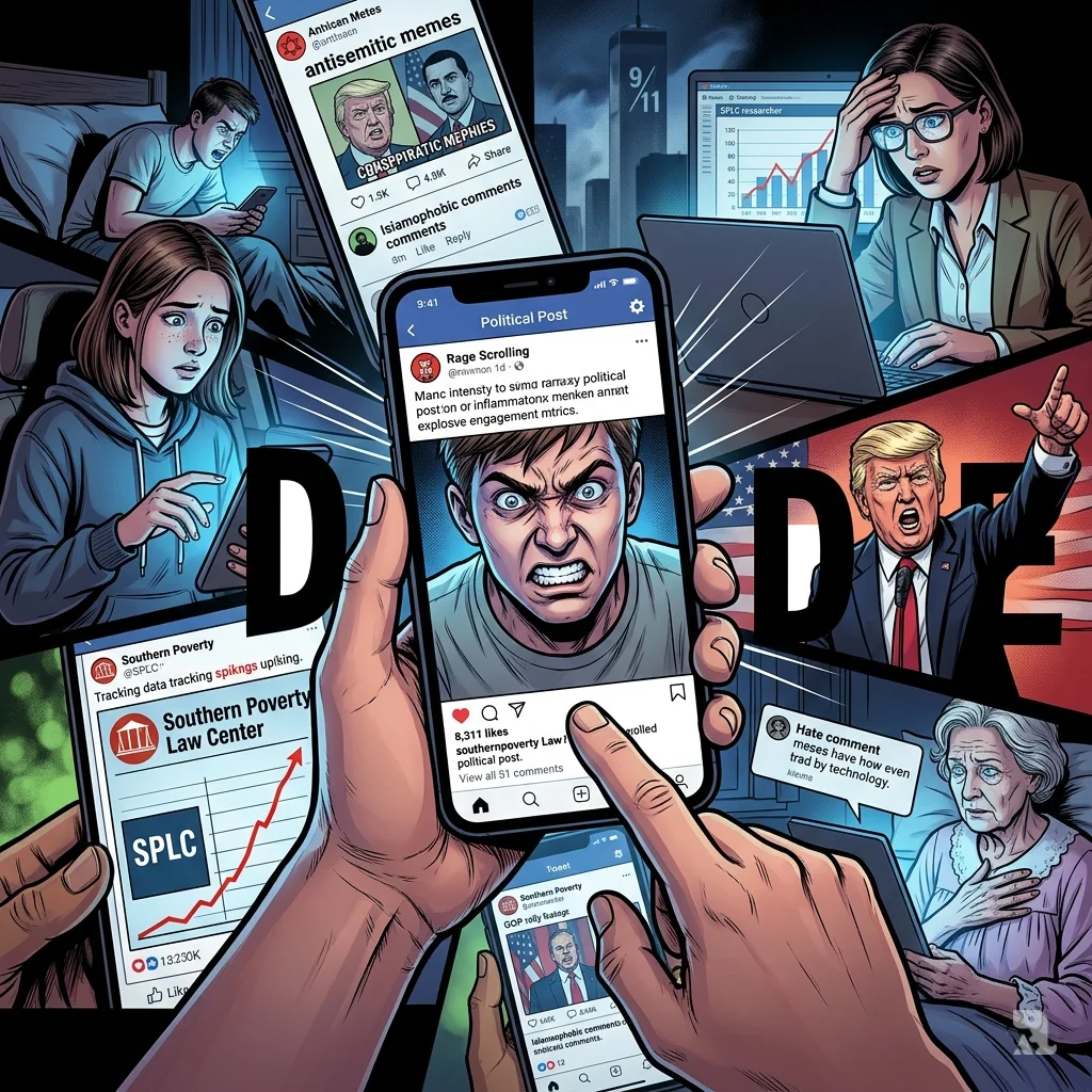 A collage of smartphones showing inflammatory political posts and hate speech. A man’s face is illuminated by the screen as he scrolls.