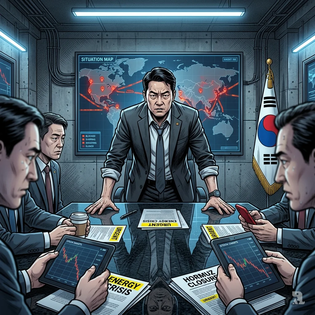 Prime Minister Kim Min-seok leads an emergency meeting in Seoul, facing a digital map showing blocked shipping lanes and crisis documents.