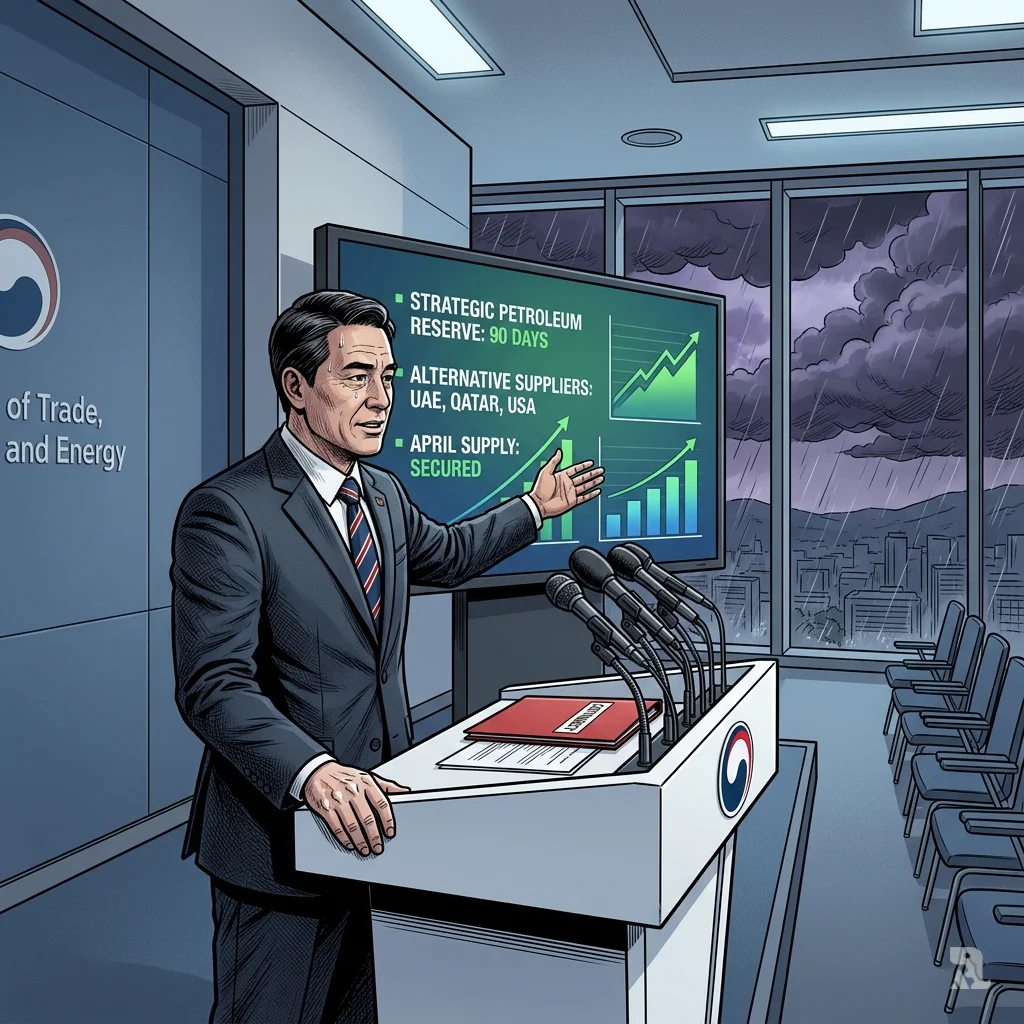 A South Korean official at a press conference points to optimistic supply charts as dark storm clouds gather outside the window.