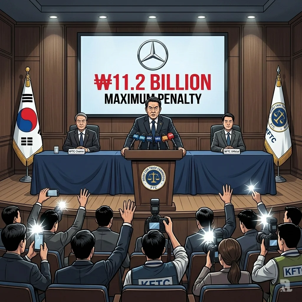 FTC chairman announces 11.2 billion won fine on Mercedes at press conference podium, with penalty details on screen and flashing cameras from reporters below.