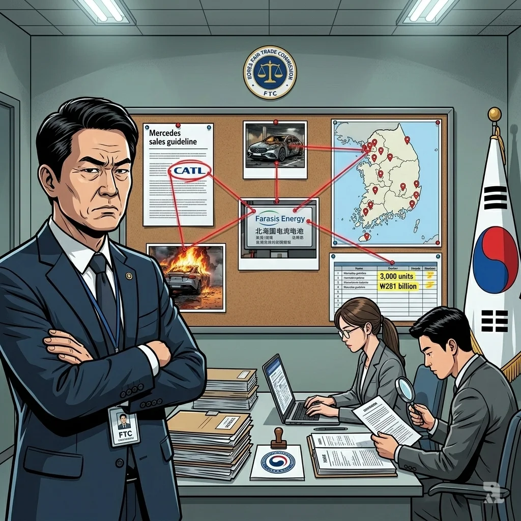 Over-shoulder view of FTC official examining evidence board linking Mercedes sales guidelines, Farasis batteries, Incheon fire photos, and 3000-unit sales data.