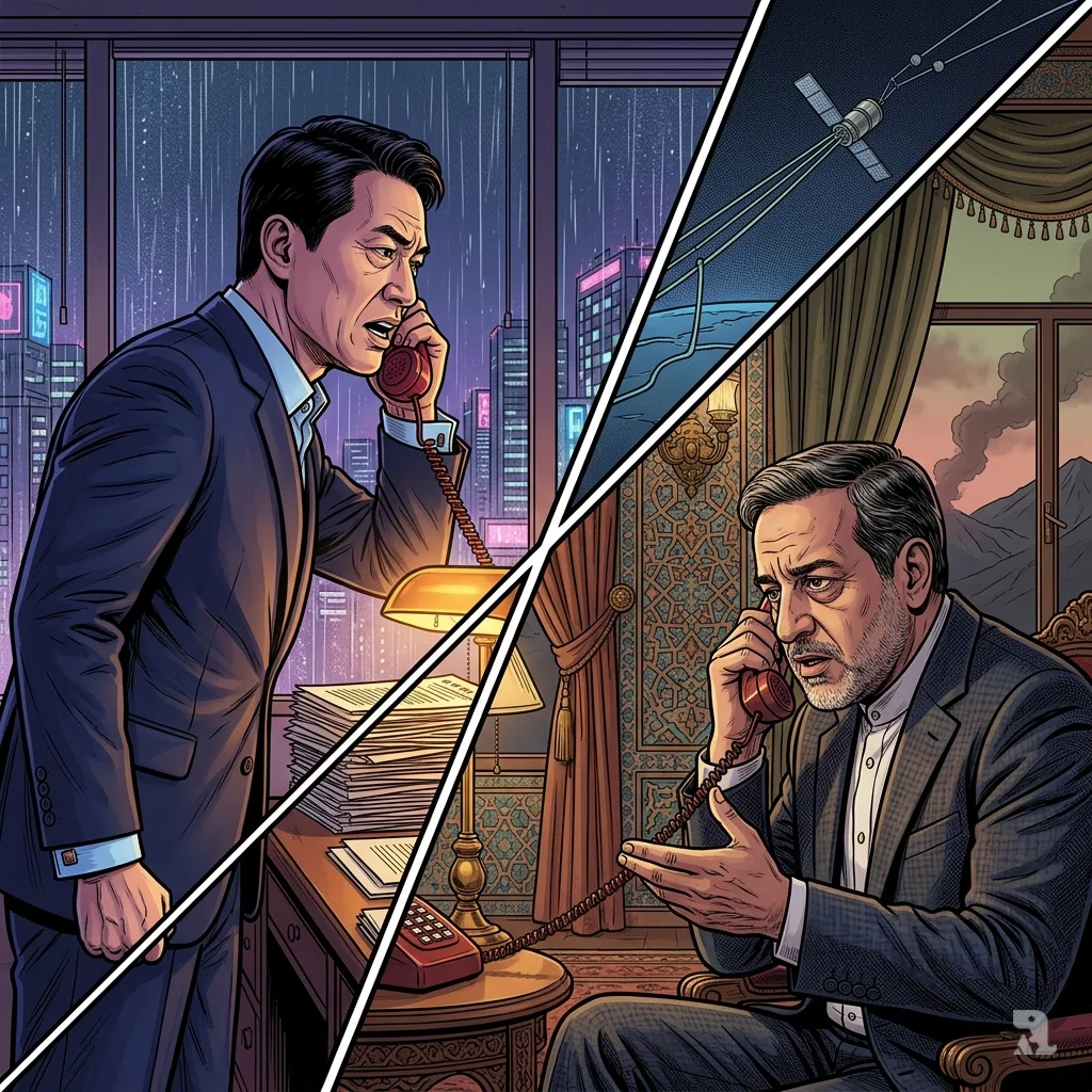 Split-screen image shows South Korea’s Foreign Minister on the phone with Iran’s counterpart, highlighting diplomatic tension over the Hormuz crisis.