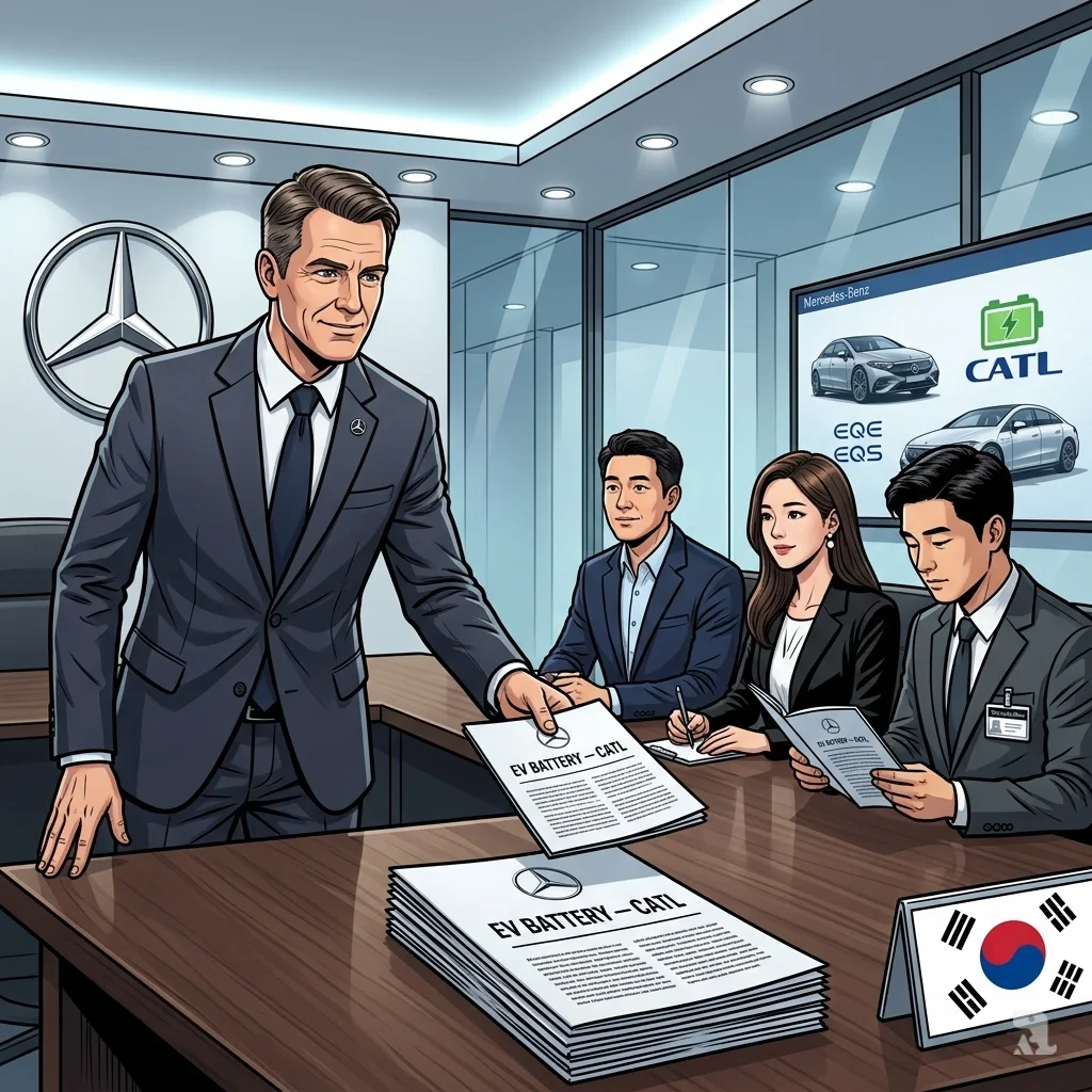 Mercedes executive hands sales guideline booklet marked "EV Battery — CATL" to South Korean dealers in conference room, with EQE and EQS models on screen behind.